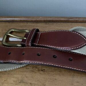 LL Bean Stretch Web Belt 34 Khaki Canvas Cognac Leather Trim Brass Buckle 1.5"
